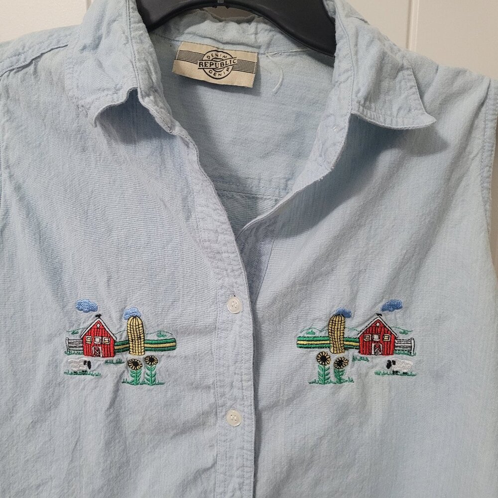 Farm Themed Shirt Vintage Sunflowers! Barn Sheep Womens small sleeveless